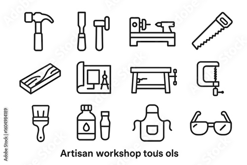 Outline icons of artisan workshop tools for diy and craftsmanship projects