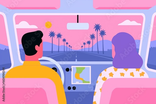Flat Modern Illustration of Family Traveling Inside RV with Map and Large Window