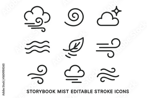 Minimalist wind and weather icon set with clouds and leaves