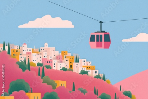 Flat Modern Illustration of Tourists in Cable Car Over Scenic Hillside Town