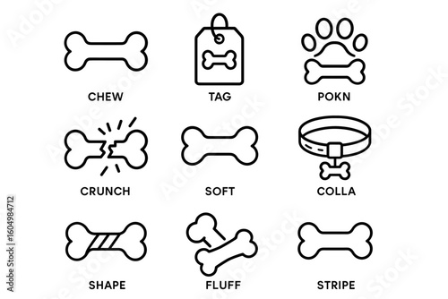 Dog bone icon set: chew, tag, poke, crunch, soft, collar, shape, fluff, stripe designs