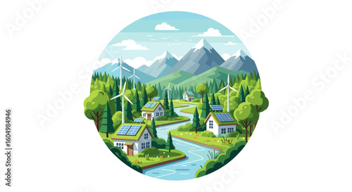 Serene eco-friendly village nestled in lush green valley with solar panels and wind turbines powering sustainable living
