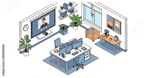 Modern office setup with multiple monitors, video call display, and comfortable seating creates a productive remote work environment