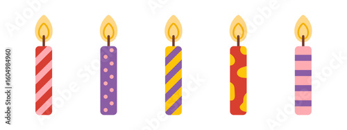 Set of colorful birthday candles in doodle cartoon style. Vector candlelights with glowing flames. Funny festive candles collection for cake decoration and holiday events.