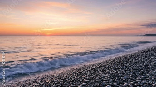 Coastal Sunset Waves over Pebble Shore — Seamless Loop