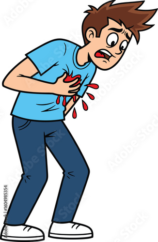 Cartoon character clutching bleeding chest in pain, brown hair, blue shirt, dramatic injury scene, cad drawing flat vector illustration style