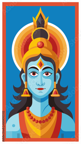 Stylized portrait of lord vishnu with blue skin and golden crown