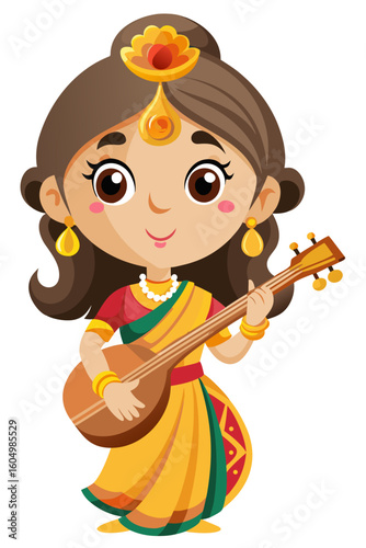 Cute cartoon girl playing a traditional indian musical instrument veena