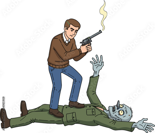 Hero shooting zombie in dramatic pose, smoking gun, dead undead creature, horror survivor vector art, cad drawing flat vector illustration