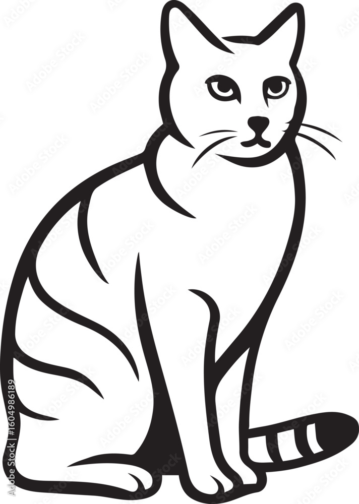 Obraz premium Black cat sitting silhouette with striped tail, Elegant feline illustration black and white
