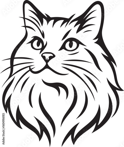 Cat head line art black and white design, Feline outline drawing for modern decor