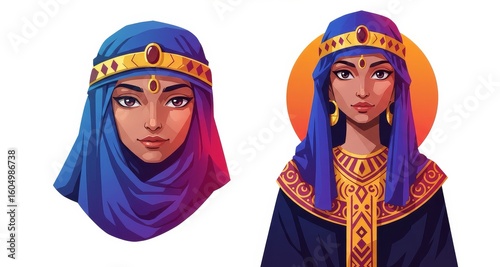 Female character portraits in traditional blue and gold attire