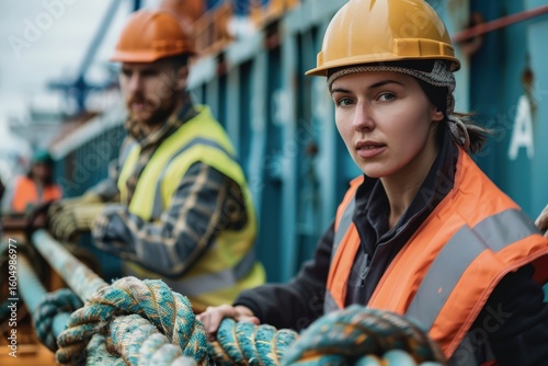 Two diverse deckhands, a male and female, wearing yellow hard hats and orange safety vests, work with thick ropes on a ship. Their focused expressions show their determination