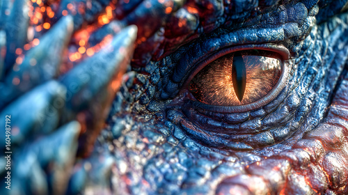 Close up of a fierce dragon eye with detailed scales and fiery glow