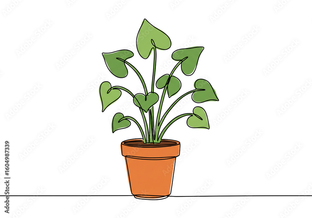 Fototapeta premium A simple line drawing of a potted plant with heart shaped leaves on a white background