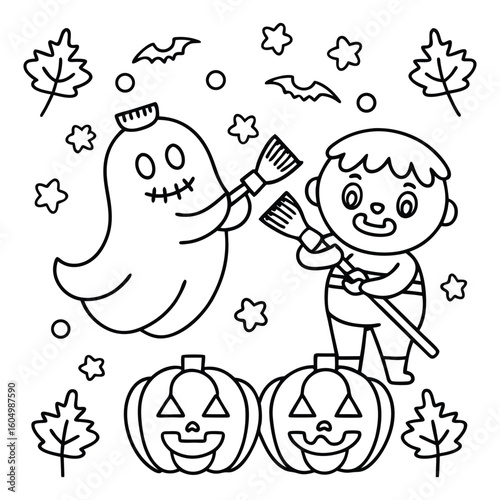 Spooky Buddies – Cute Halloween Coloring Pages with Bold Line Art | Halloween Coloring Page | Print