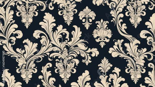 Seamless damask wallpaper.3D render of dark blue damask pattern on dark blue background, seamless pattern.
