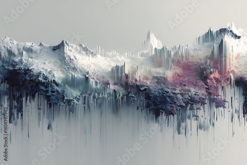 Abstract digital landscape painting with glitch effect, ethereal mountains and a cold, icy atmosphere.