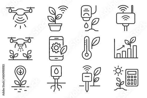 Smart agriculture icons: drone, sensors, and growth technology