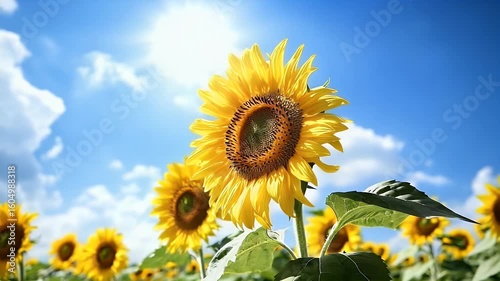 Sunny field of bright yellow sunflowers against a blue sky with fluffy white clouds