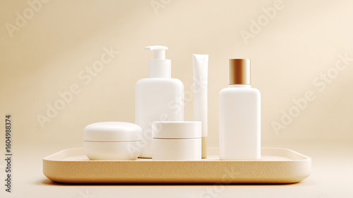 Minimalist arrangement of white skincare bottles and jars on a textured tray
