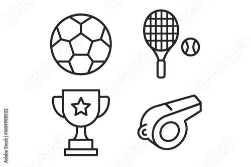 Outline icons of soccer ball, tennis racket, trophy, and whistle
