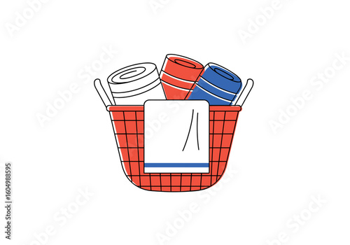 Laundry basket filled with rolled towels in red wire design  