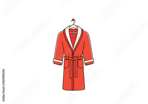 Red bathrobe hanging on a hanger with white trim  