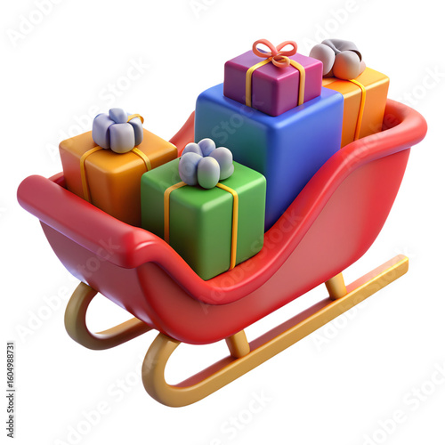 Red Toy Sleigh Filled with Colorful Wrapped Gifts 3 D Render isolated on a transparent background