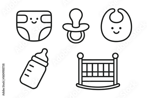 Baby essentials icons: diaper, pacifier, bib, bottle, cradle