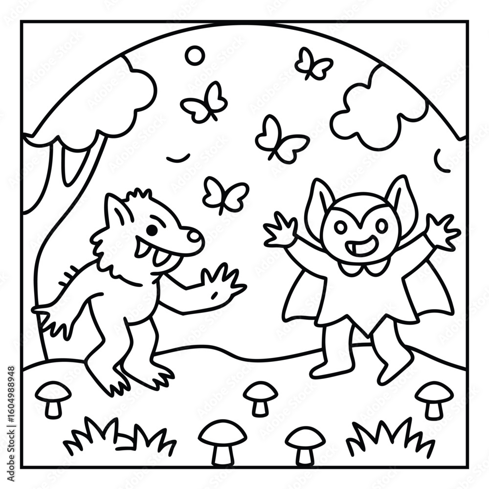 Obraz premium Spooky Buddies – Cute Halloween Coloring Pages with Bold Line Art | Halloween Coloring Page | Print