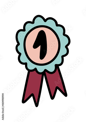Round medal with ribbon. Vector in cartoon style.
