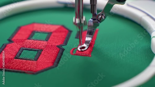 Embroidered number eight on green fabric