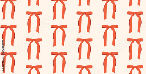 Seamless Pattern with Red Gift Bows on Light Background. Hand-drawn Repeating Ornament with Long Ribbon Ends. Flat Vector Illustration for Christmas and New Year Wrapping Paper, Greeting, Decoration