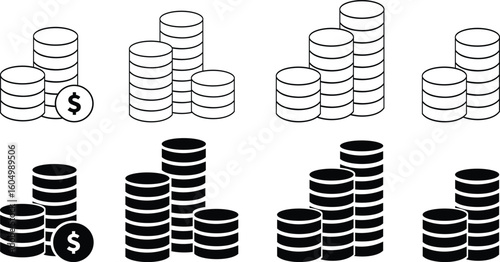 Stack of coins with dollar sign icon set. Currency coins sign representing savings, wealth, investment, or financial accumulation. Coin Stack icon design isolated on transparent background.