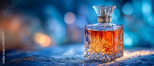 Crystal decanter filled with amber whiskey against a blurred bokeh background
