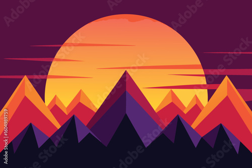 Sunset Mountain Landscape Vector Illustration: Geometric Peaks, Retro Style, Nature Background