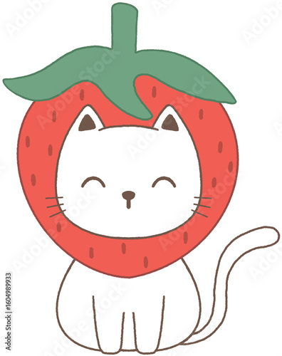 Hand drawn cute cat cartoon wearing strawberry hat