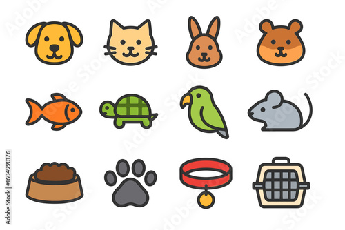 Cute animal icons and pet accessories set