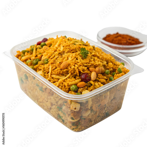 A CloseUp View of a Serving of Spicy Indian Namkeen Mix in a Clear Plastic Container