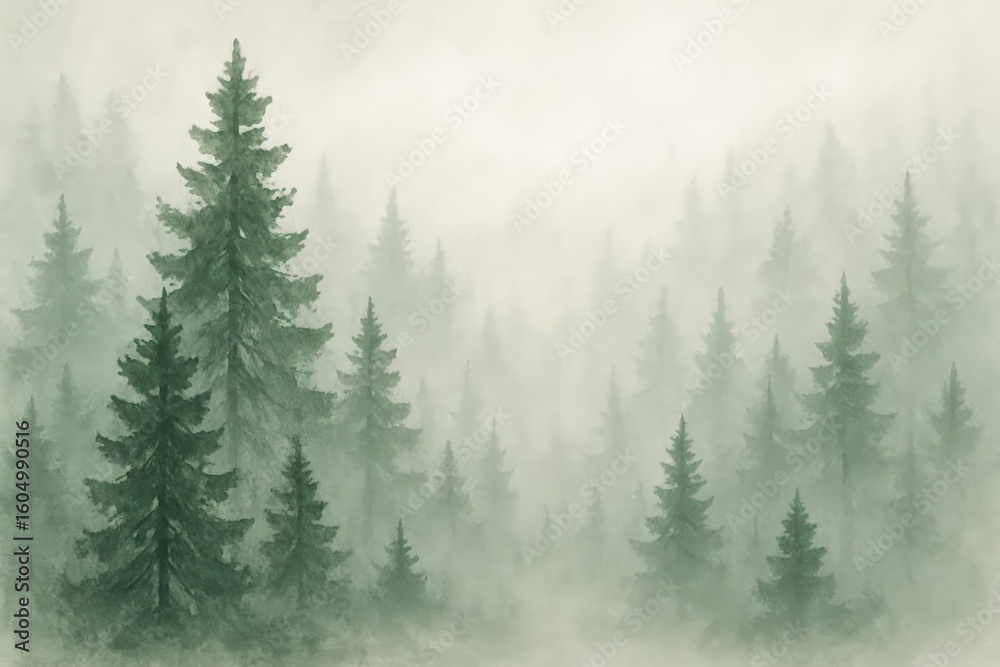Fototapeta premium Serene Pine Forest Covered In Morning Mist