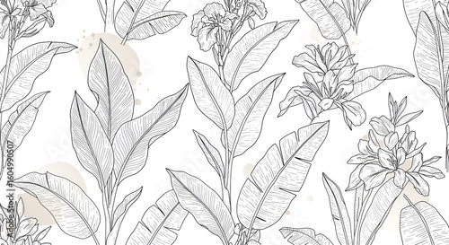 Luxury nature line art ink drawing background vector. Botanical leaves, Canna leaves, banana leaf, and Tropical floral pattern  vector illustration.
