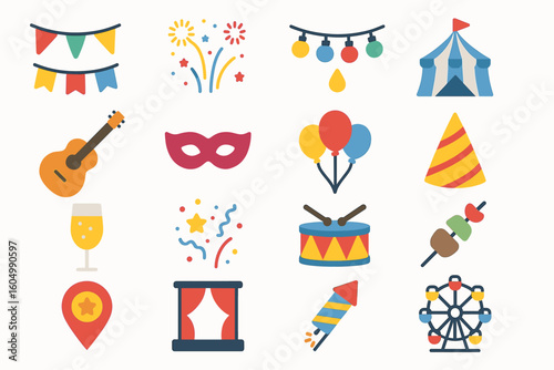 Colorful festival icons: circus tent, fireworks, guitar, party masks