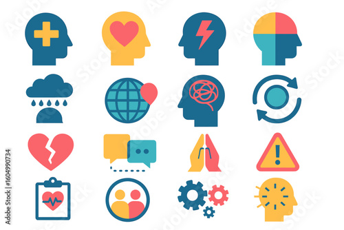 Colorful mental health and communication icons set with human silhouettes and symbols
