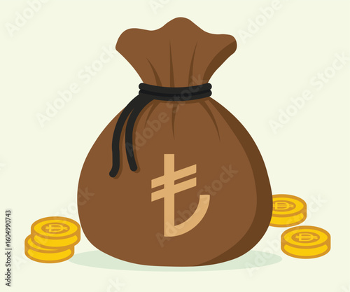Flat vector cartoon illustration of Turkish lira symbol on brown sack with gold coins, great for finance, inflation, savings, and economy-themed Turkish content