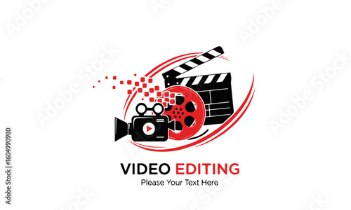 Video editing logo design with camera,  perfect for a production house, film studio, content creator, or any brand involved in multimedia and post-production.