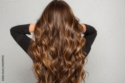 A woman with long, wavy brown hair featuring balayage highlights poses from behind in a salon, showcasing professional hairdressing and coloring services.