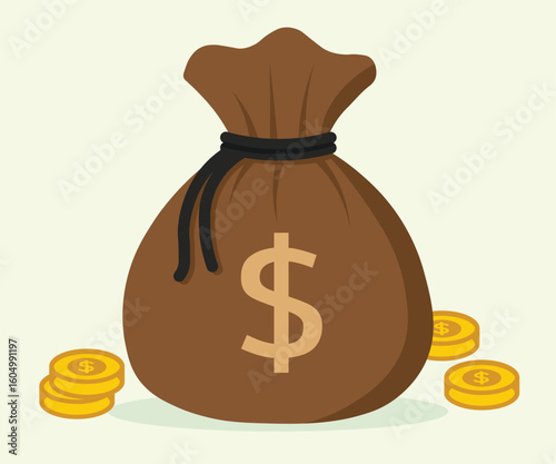 Flat vector illustration of money bag with US dollar symbol and gold coins, cartoon-style brown sack icon, perfect for finance, banking, and economy design on light solid background