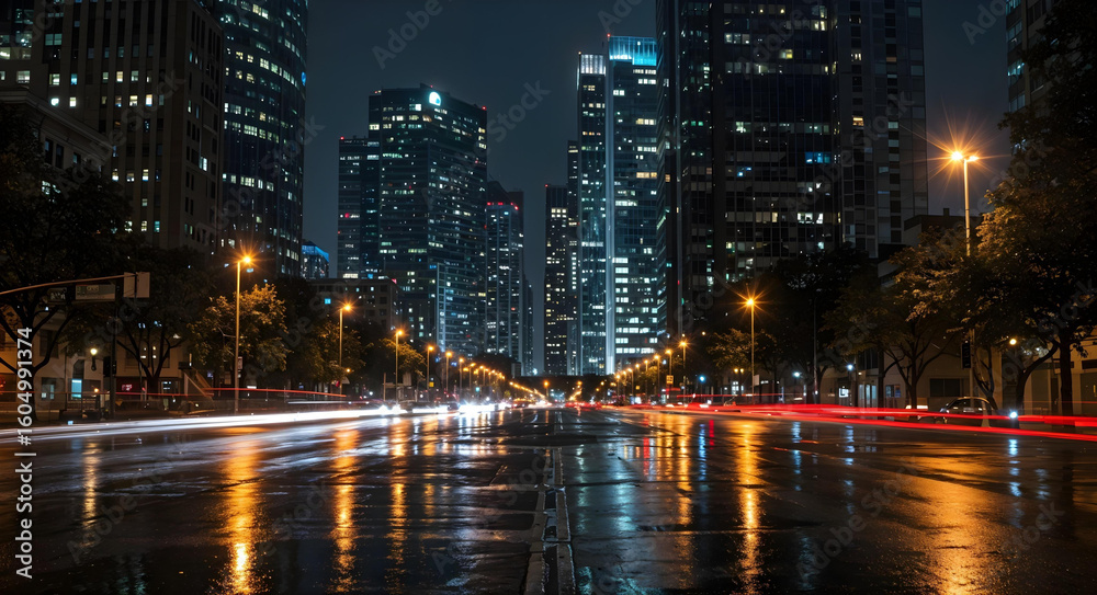Fototapeta premium Nighttime cityscape photo of illuminated modern skyscrapers, street lights, and reflections on wet pavement, vibrant urban atmosphere, no people.