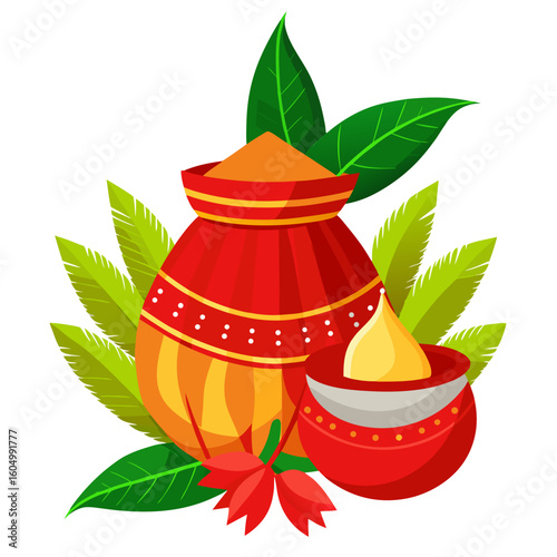 Traditional indian kalash filled with orange powder and a small bowl of ghee